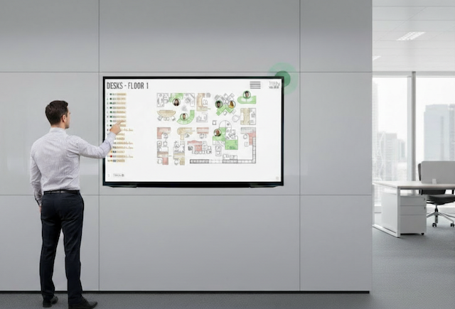 Person booking a desk on the Door Tablet BOOKER solution; Floor Plan View