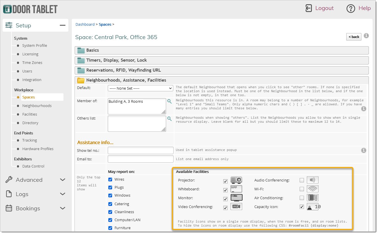 In the Web UI: click on a meeting space name to edit. Then you will find "Assistance info" under "Neighborhoods, Assistance, Facilities".